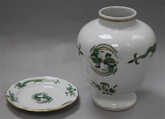 A Meissen Opulent Court Dragon vase, green colourway heightened in gilt and a similar plate, H 23cm